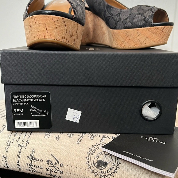 COACH Ferry Signature C Wedge Cork Heel. Jacquard Fabric.  Size 9.5 Black-Smoke - Picture 15 of 17
